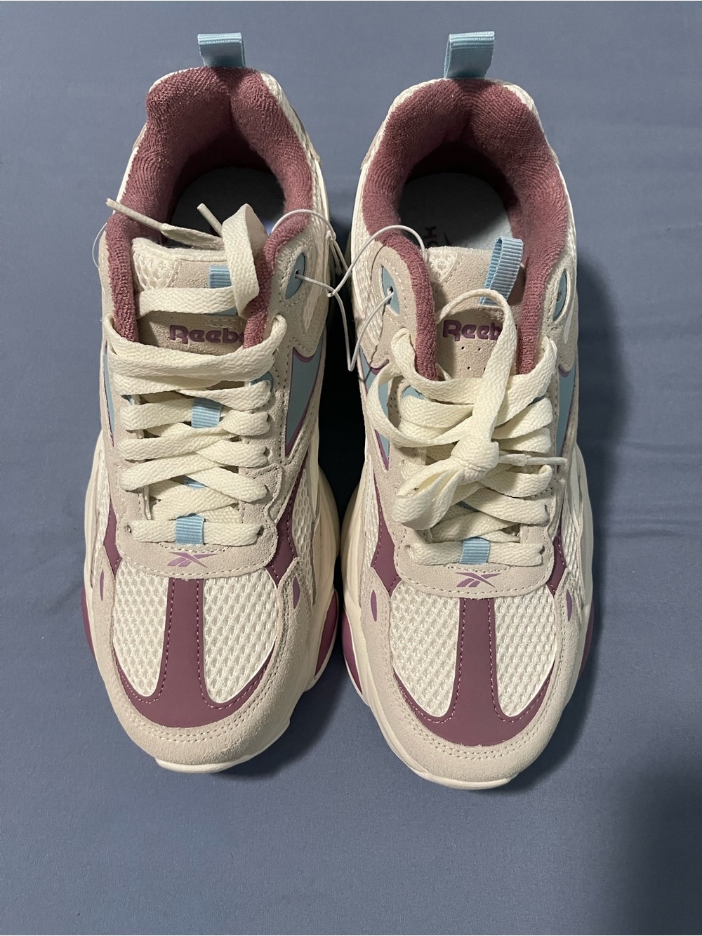Reebok Bellwave Cream and Purple Lace-Up Sneakers with Light Blue Accents |Sz. 9